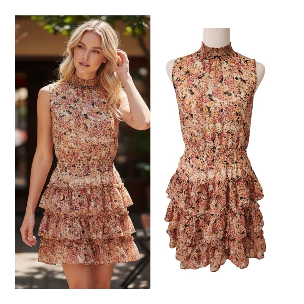 Fairy Dress Women's XS Pink Floral Flower Smocked Neck Tiered Ruffle Mini Dress